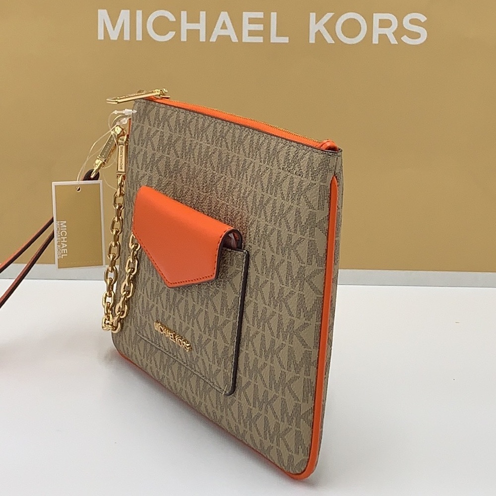 Michael Kors Jet Set LG 2 in 1 card case wristlet Wallet POPPY BROWN SIGNATURE - Picture 3 of 16